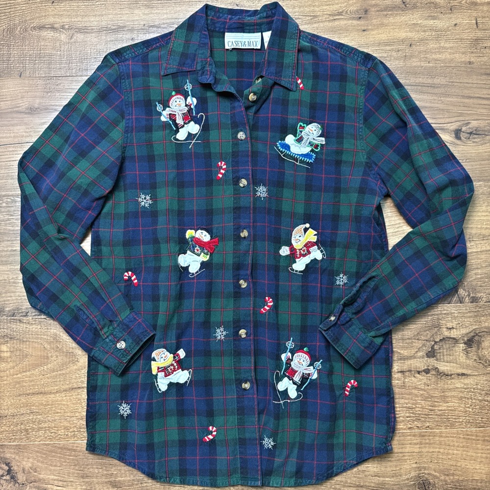 Vtg Casey & Max‎ Small Christmas Snowman Embroidered Candy Cane Granny Flannel